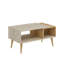 Table basse moderne avec pieds en bois, travertin et chêne saphir | 35,4 po x 15,7 po x 19,7 po | 100% panneau de particules enduit de mélamine, épaisseur: 0,7 pouce | Design scandinave, élégant et fonctionnel pour le salon