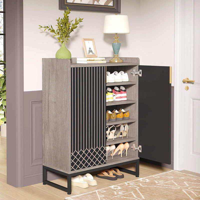 Range-chaussures 29,52 "avec portes, range-chaussures 5 niveaux, Gris / noir / doré