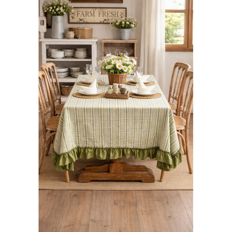 Farmhouse Plaid Ruffled Green Cotton Blend Rustic Tablecloth 64 X 88 Inch, 88" L x 64" W, Green