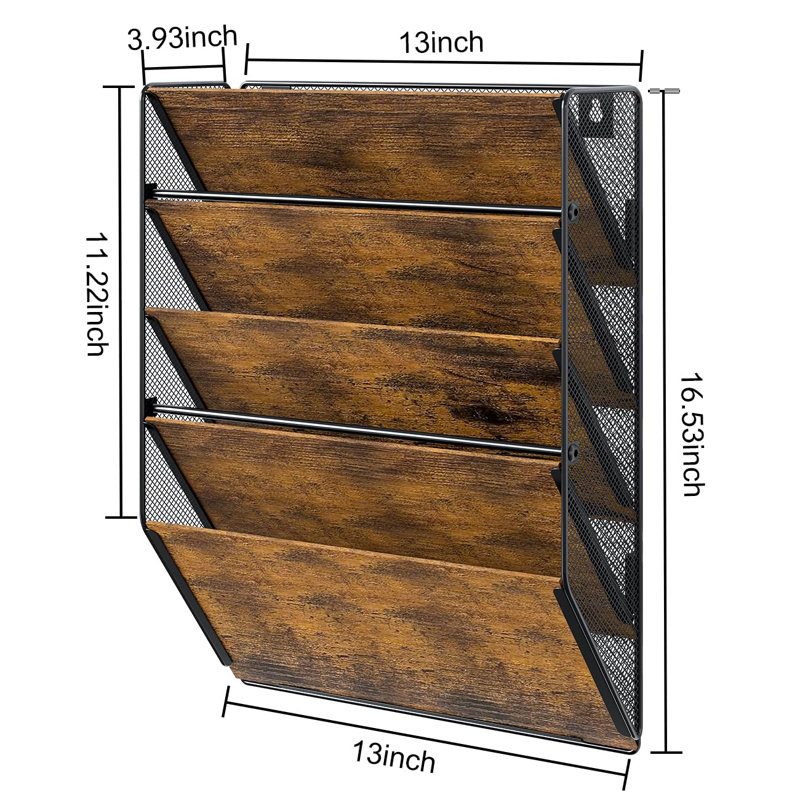 Wall File Organizer For Office, 5-Tier Rustic Hanging File Holder Wall Storage Rack For Documents/Magazine/Literature/File Folders/Mails/Envelopes, Brown