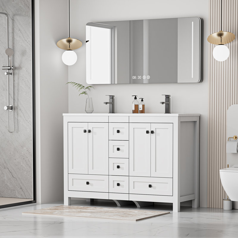 Meuble-lavabo double Wimer 48 po avec comptoir en résine, robinet et bonde, charnières de porte à fermeture amortie, peinture à la main résistante à l'eau, assemblage requis, certificat EPA