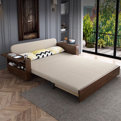 Beige,Nut-brown Cotton and Linen Solid Wood Steel Standard Sofa bed