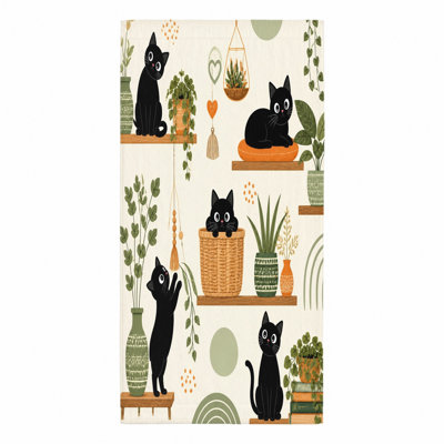 1Pcs Cute Black Cats with Plants Decorative Towel, featuring playful on shelves potted and baskets, bohemian style, ideal for beach, swimming, travel, home decor, unisex.