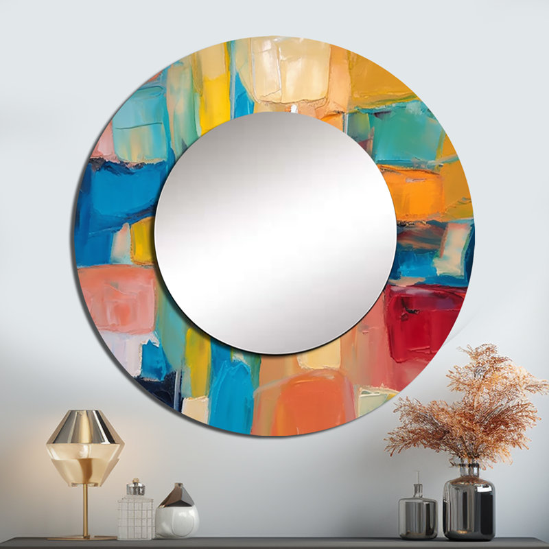 «Sellie Vibrant Cubist Colourfields», miroir mural à collages abstraits, miroir décoratif rond moderne, impression d'art en métal