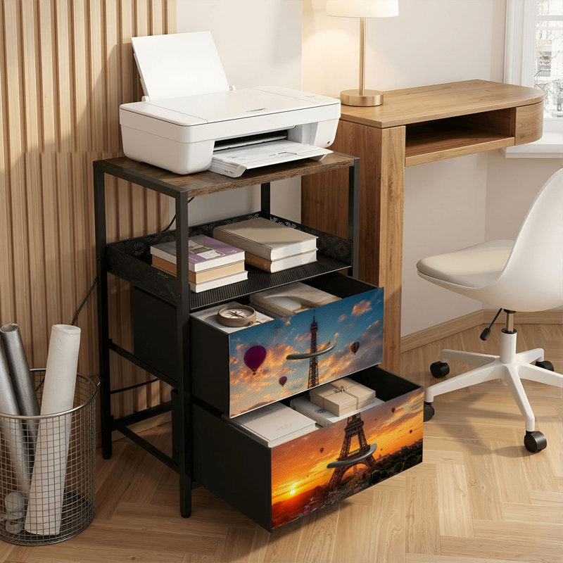 Table de chevet 2 tiroirs avec station de charge, table de chevet pour chambre avec ports USB et amp; Outlets, tablette ouverte noire, table de chevet avec impression de montgolfières au coucher du soleil de la Tour Eiffel