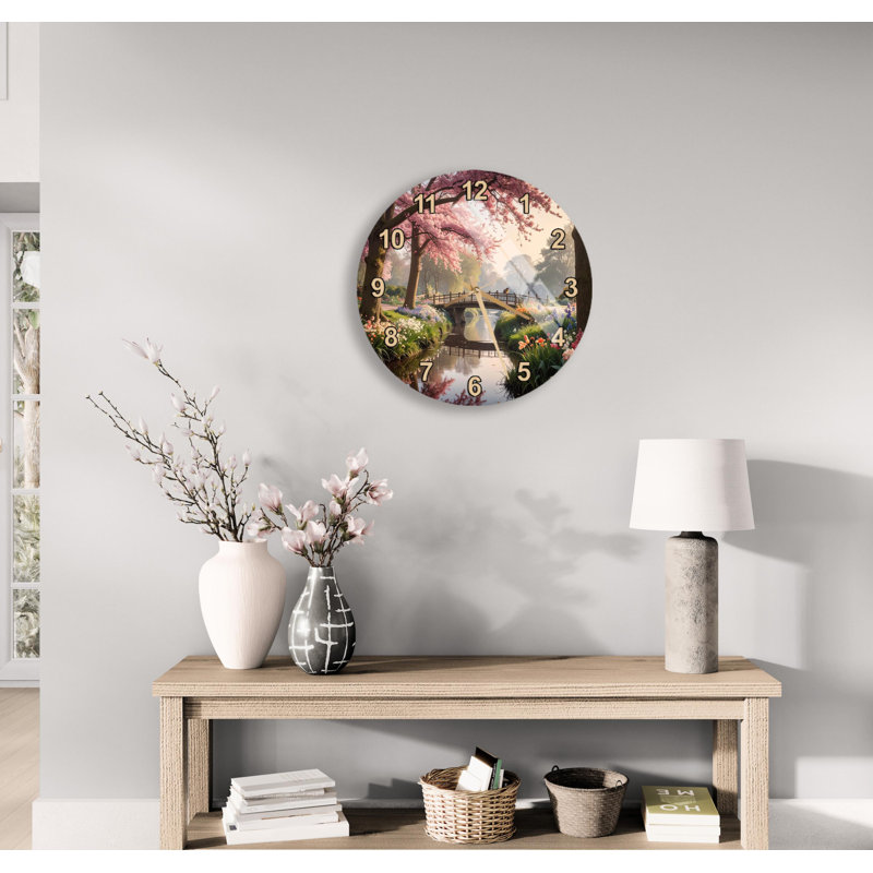 Horloge murale fleur de cerisier - art de printemps en verre trempé, paysage de rivière Sakura rose, chiffre romain, décoration de maison, cadeau de pendaison de crémaillère