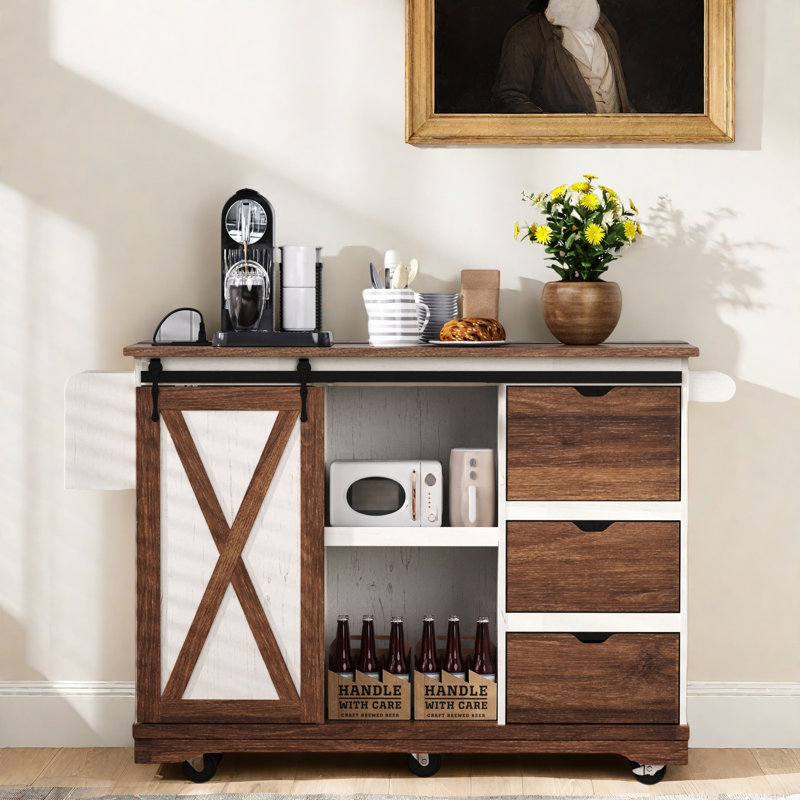 55.5'' Farmhouse Kitchen Island With Drop Leaf, Storage, Power Outlet & Wheels - Ideal For Home, Kitchen & Dining Room?