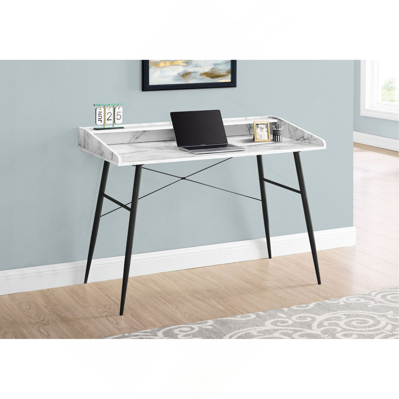 Computer Desk, Home Office, Laptop, Storage Shelves, 48"L, Work, White Marble Look Laminate, Black Metal, Contemporary, Modern