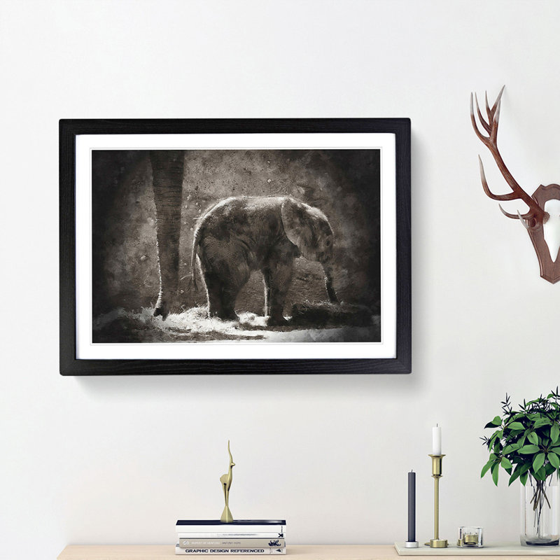 Mother and Baby Elephant Together - Picture Frame Painting Print, Black Framed, 33cm H x 45cm W x 2cm D
