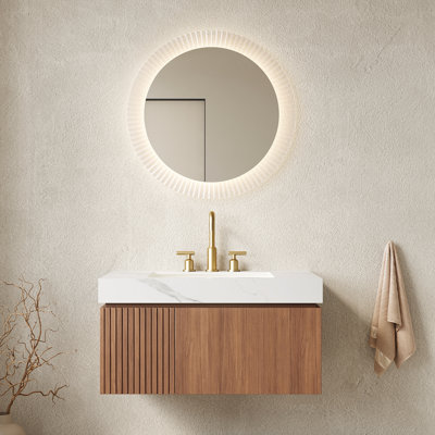 Meuble-lavabo de 36 po avec lavabo en céramique avec 3 trous de robinet pré-percés, tiroir et porte d'armoire de rangement en contreplaqué flottant, plateau en pierre frittée blanche, chêne brun, meuble-lavabo assemblé,