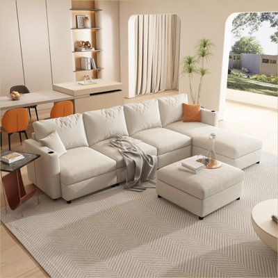 Sectional Sofas | Modern 123" U-Shape Modular 6-Seat Sofa Bed with Storage, Chenille for Living Room | Antique White | Fabric