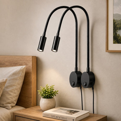 2 Pack Plug-In Wall-Mounted LED Night/Reading Lights for Bed Headboards, each with a 15" Flexible Gooseneck, USB Charging Port, Touch Control, 3 Color Temperatures, and Dimmable Lighting