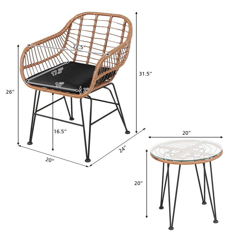 Patiojoy 2 - Person Wicker Patio Dining Set with Round Table , Cushions Included