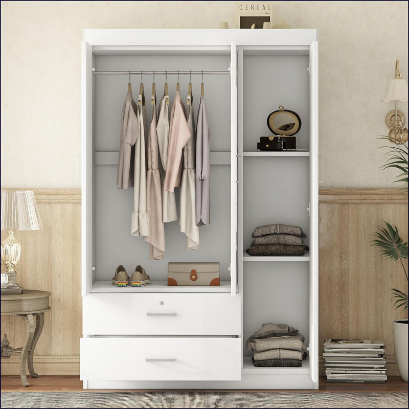 Chests &amp; Wardrobes | 3-Door White MDF Wardrobe with Full-Length Mirror | White | Plywood, White