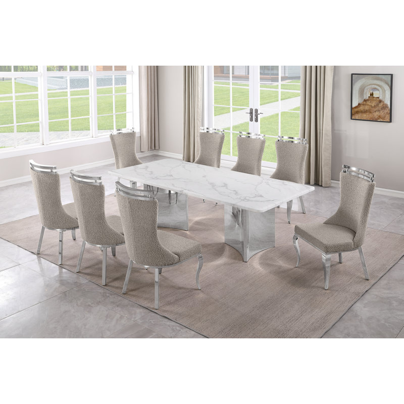 Ensemble de salle à manger en marbre blanc Grand avec chaises d'appoint en tissu Boucle, Gris, Argent argent