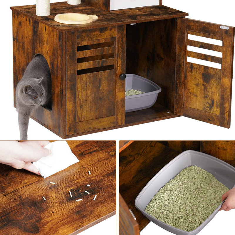 Rustic Brown Wood Cat Tree with Litter Box Enclosure and Feeding Station