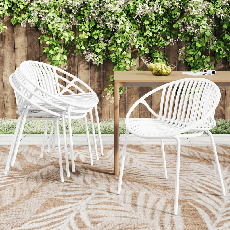 Patio Dining Chairs Stackable Chairs With Breathable Design Modern Simple Art Style (Set Of 2), White