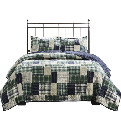 King/ King Reversible Quilt - /Navy, Plaid, Patchwork Reverse, Cotton Filling, Zippered Shams, Machine Wash Care /Navy With Patchwork, Plaid Filled, Zipper Easy To