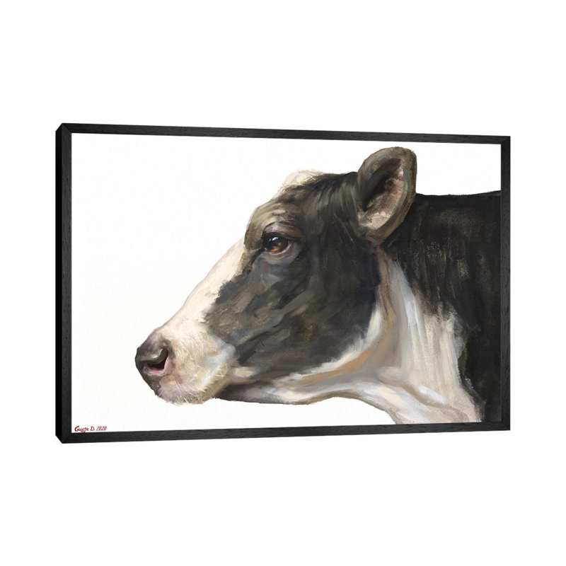 Cow White Background by George Dyachenko - Painting on Canvas, 66.04cm H x 101.6cm W x 3.81cm D, Black Framed