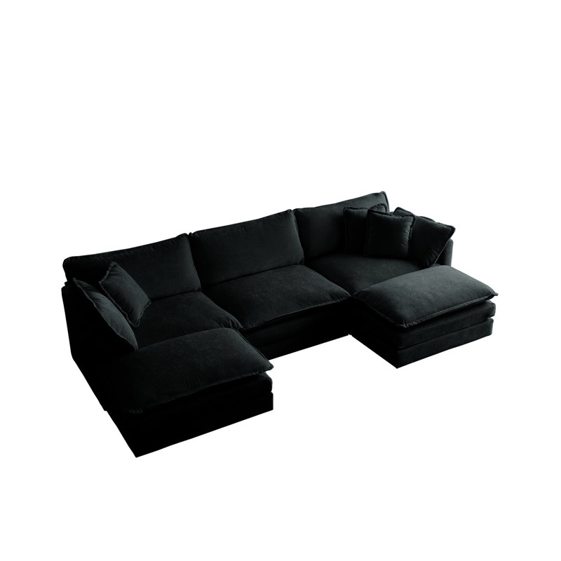 5 canapé convertible en forme de U, 2 repose-pieds, chenille noire, repose-pieds réversible avec repose-pieds, canapé modulaire