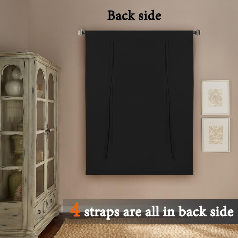 Curtain Thermal Insulated Tie Up Window Shade Light Blocking Curtains for Bathroom, Rod Pocket Single Panel, Jet Black