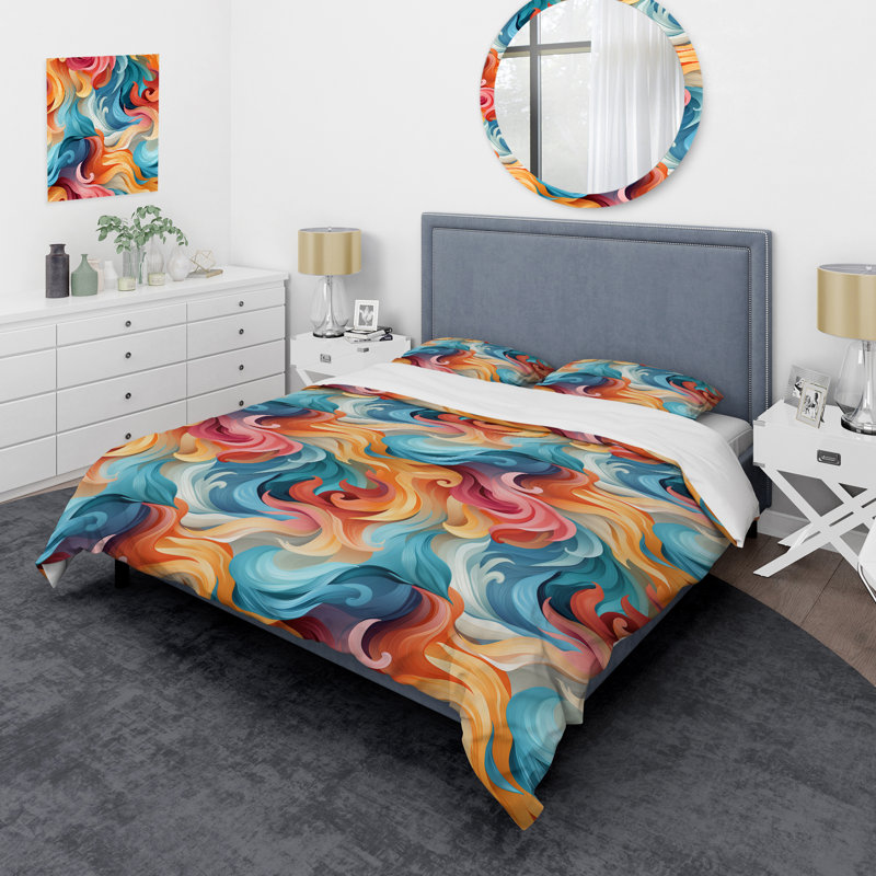 Literie ondulée verte et orange, Housse de couette simple + 1 taie décorative stan
