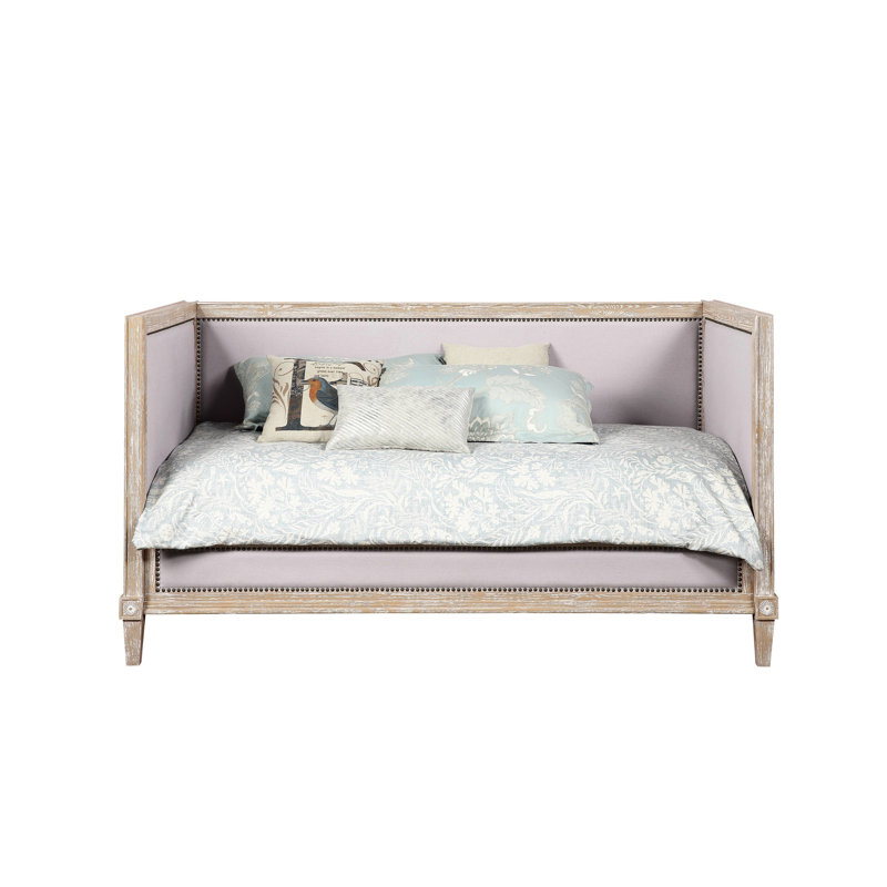 Lit de jour simple en lin beige avec abri haut et structure en bois composite et chêne vieilli (simple) Largeur des pieds fuselés