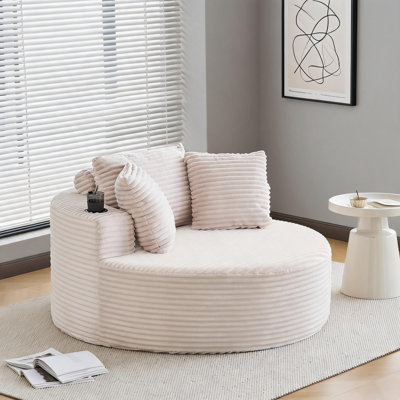 55" Oversized Round Chaise Lounge Chair Indoor, Upholstered Corduroy Deep Seat Circle Couch with Cup Holders, Large Cloud Sleeper Sofa for Living Room, Bedroom, No Assembly Required