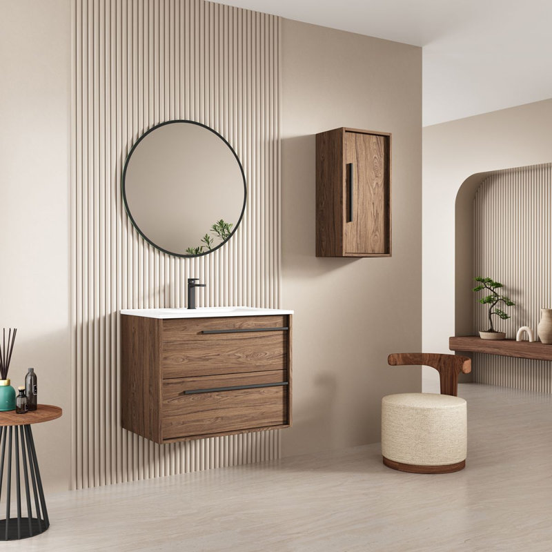 Lotus 28.0" Wall Mounted Single Bathroom Vanity with Ceramic Top, Natural Oak, 28"