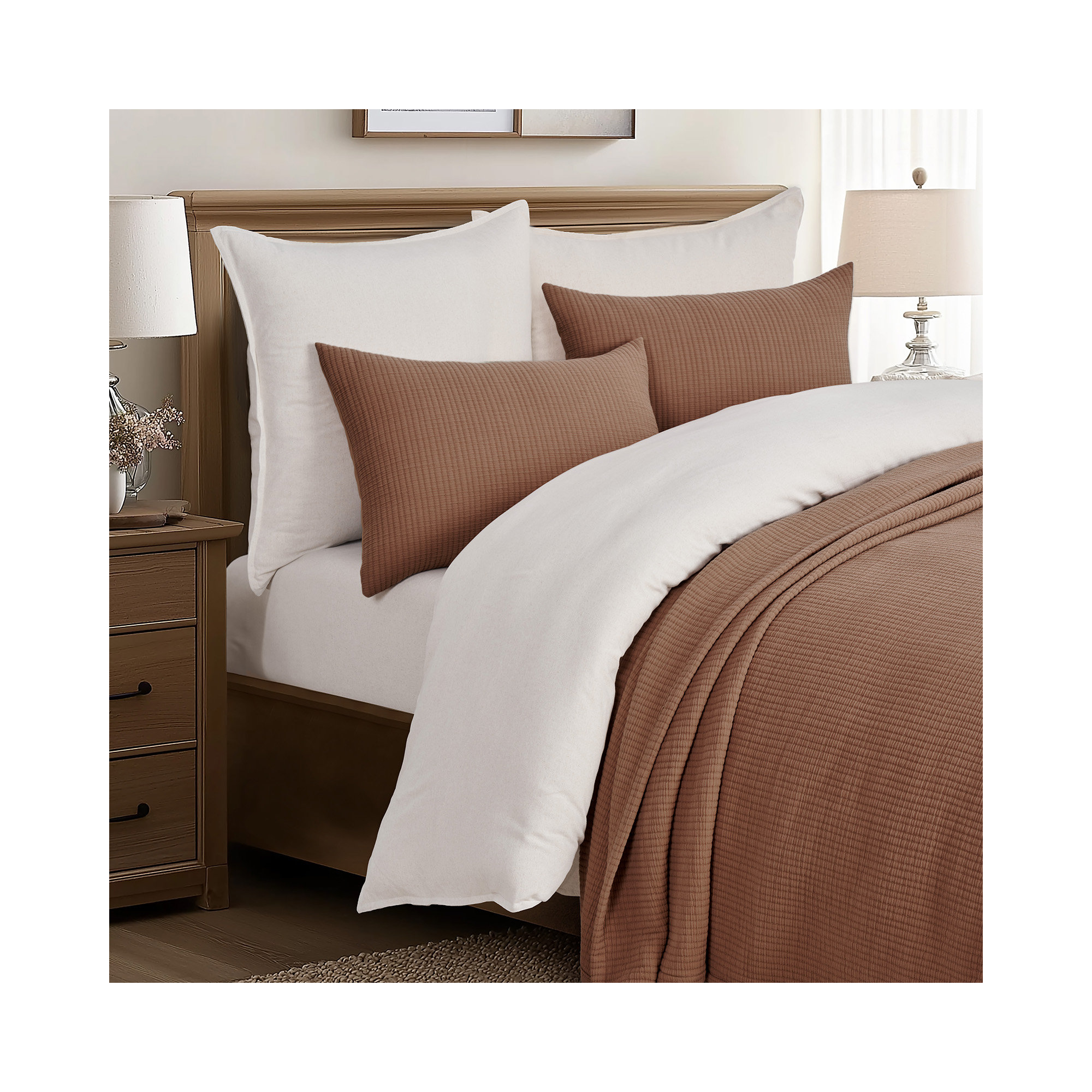 Solid Cotton Gauze Pick-stitch Matelesse Coverlet Bedspread set, King Quilt + 2 King Shams, Terracotta Clay