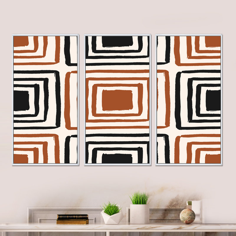 Carrés géométriques aux couleurs rétro - 3 pièces, reproduction sur toile, H 32 po x l 48 po x P 1 po, Cadre blanc