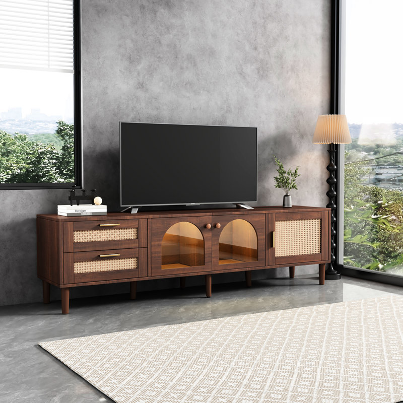 Console de 80 po compatible avec la télévision, grand espace de rangement, surface imperméable pour le salon, la chambre à coucher, support de cinéma maison avec ajustement, 2 tiroirs et 3 armoires, plateau de table et pieds en bois massif