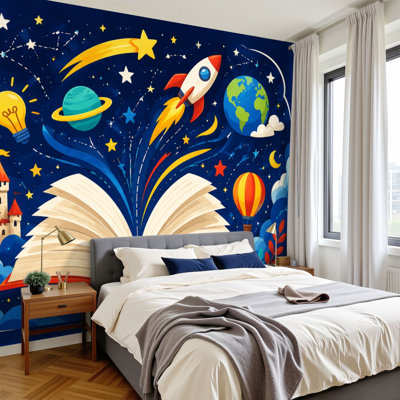Papier peint à peler et coller, livre de contes ouverts, cadeaux pour les amoureux des livres avec planètes, planches murales, papier peint amovible en PVC, H 100 po x l 144 po, pour salon, chambre, bureau à domicile