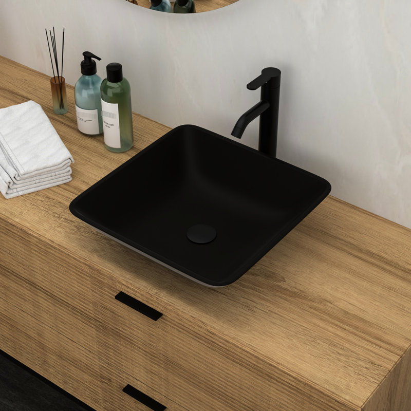 Lavabo de salle de bain en verre trempé - robinet noir mat et drain escamotable contemporain