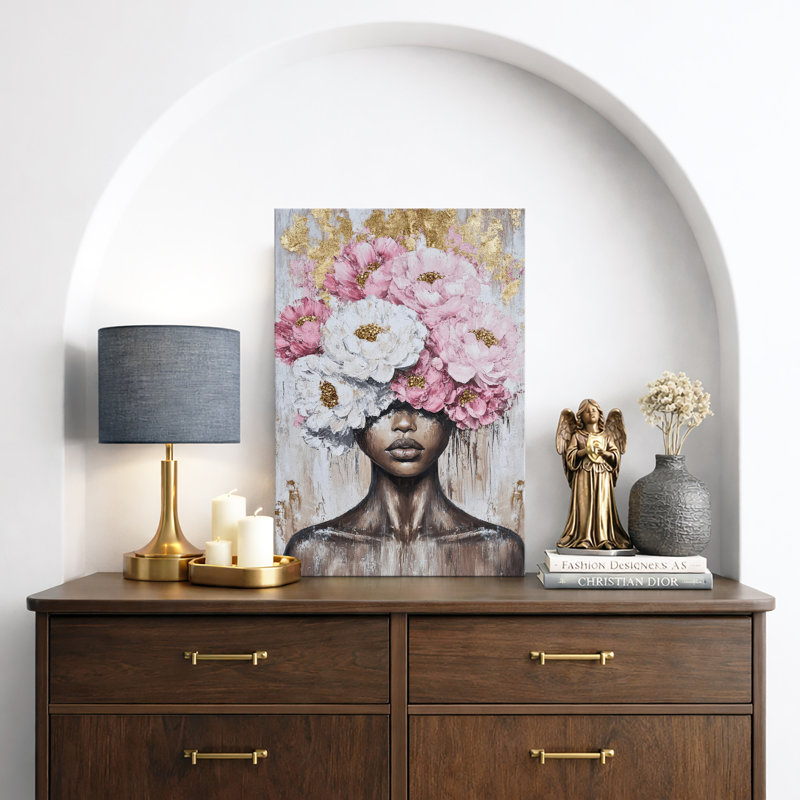 Elegance "Pink & White Peonies Crown Feminine Portrait Artwork, African American Girl's Bedroom Pictures, Large Framed Canvas Giclee Print Wall Art"