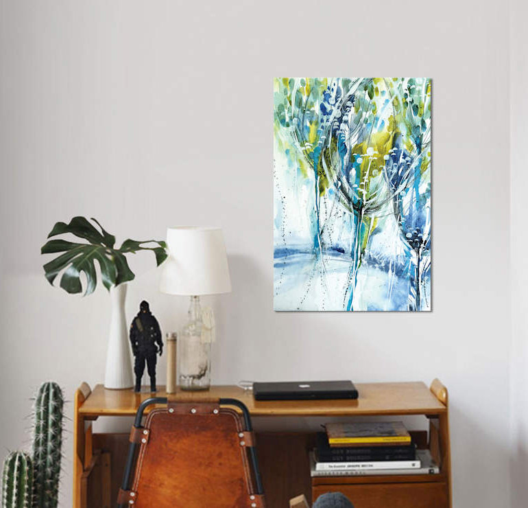 « blue trees » par lesia binkin, impression sur toile, H 26 po x l 18 po x P 1,5 po, Pas de tapis, Toile tendue