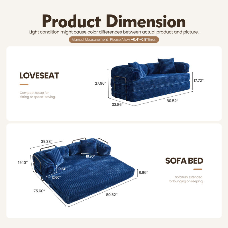 80.5'' Mordern Convertible Sleeper Sofa Corduroy Loveseat Sofa Bed, Foldable Floor Couch, Blue