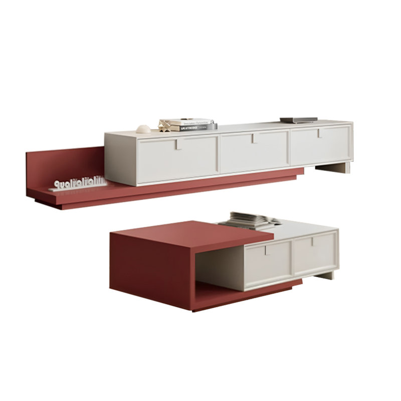 Ensemble de meuble télé et table basse extensible en bois massif, Crème / rouge