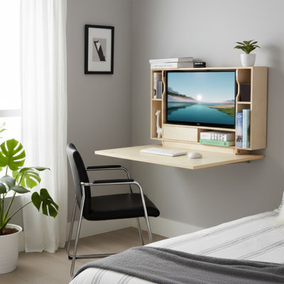 Bureau de travail mural pliant 36 pouces, bureau flottant peu encombrant pour les petits espaces, table d'ordinateur avec tablette de rangement, bureau d'étude pliable pour chambre à coucher, appartement, bureau à domicile