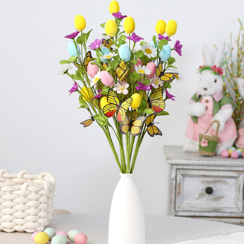 Ensemble de 3 tiges d'œuf de Pâques artificielles avec papillons et marguerites