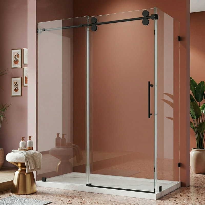 48" W X 36" D X 76" H Sliding Frameless Shower Enclosure With 3/8 Inch Tempered Glass, Matte Black, 36