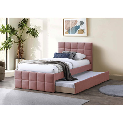 Lit contemporain avec tête de lit tapissier rose et lit gigogne quadrillé pour les styles de décoration de chambre à coucher
