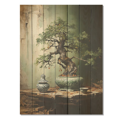Ancient Bonsai Miniature I - Tree Bonsai On Wood Print