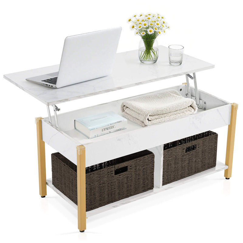 41.3" W Lift Top Coffee Table with 2 Foldable Rattan Baskets, Locking Wheels Options, White Top/Light Oak Base