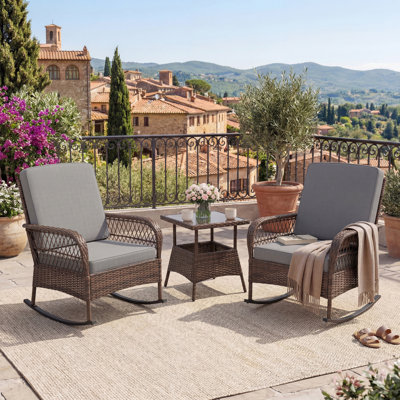 3 Piece Garden Rocking Chair Bistro Set, Rattan Outdoor Furniture with 2 Rocking Armchairs & Tempered Glass Side Table, All-Weather Wicker Set with Cushions