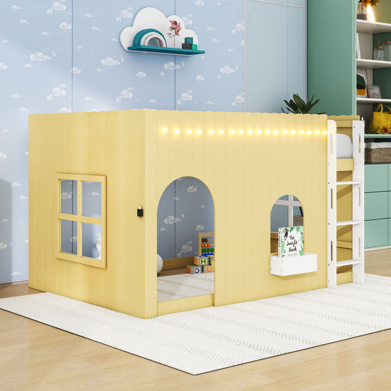 Loft Bed with LED Lights, Ladder and Versatile Underbed Study Space, Primrose Yellow, Full