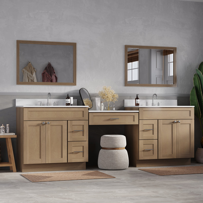 103'' Double Bathroom Vanity with Quartz Top, Natural Oak
