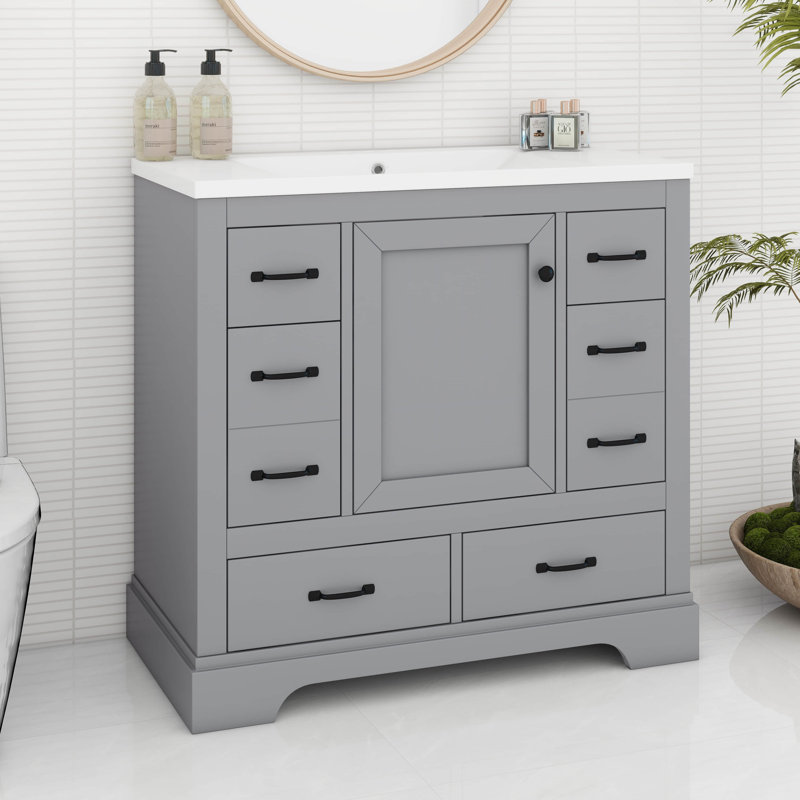 Meuble-lavabo 36 po sans lavabo, base d'armoire seulement, six tiroirs, tablette réglable, imperméable, résistant aux taches