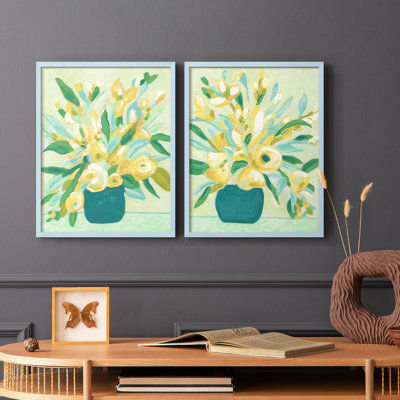 «Mint & Sunshine Bouquet I», reproduction encadrée de qualité supérieure - prête à être accrochée - aucun clou requis - aucun clou requis