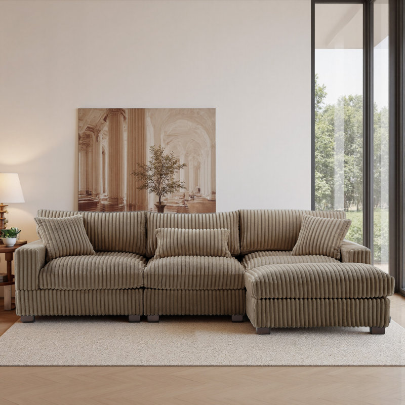 4 Seater Sectional, Light Brown Fabric